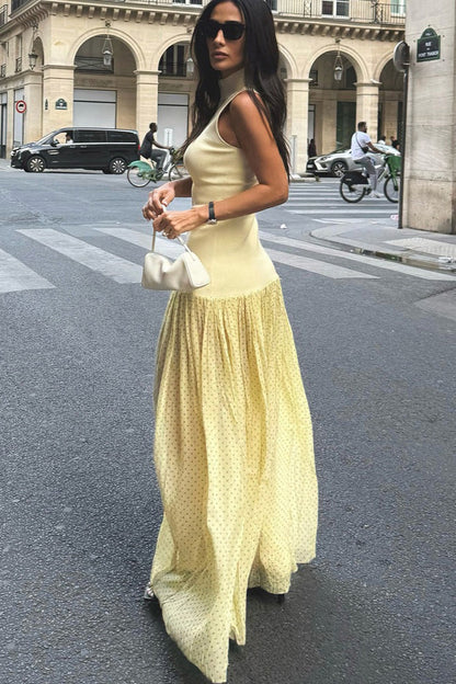 Mock Neck Ribbed Knit Drop Waist Polka Dot Tier Maxi Dress