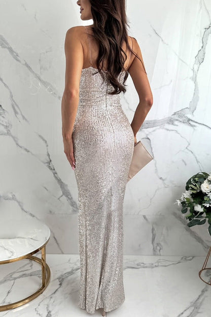 Sequin Surplice V-Neck Spaghetti Strap Side Slit Maxi Dress