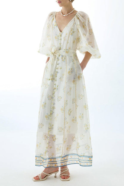 Embroidered Puff Sleeve Tie Boho Dress
