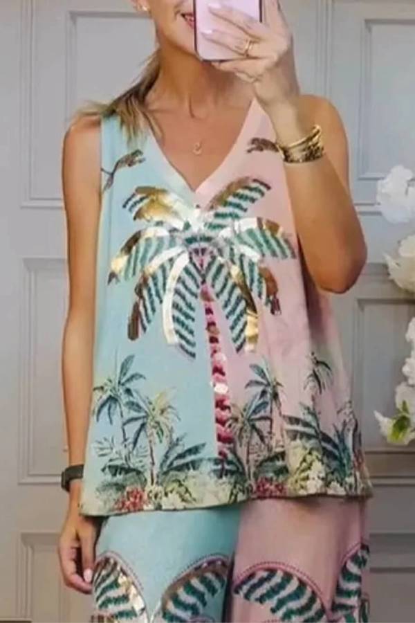 Unique Palm Tree Print Loose Tank Top