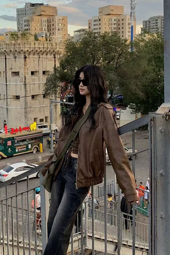Mocha Retro Biker Leather Jacket