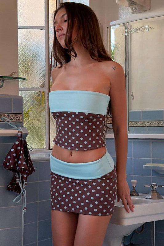 Polka Dot Bandeau Top High Waist Color Block Bodycon Skirt Set