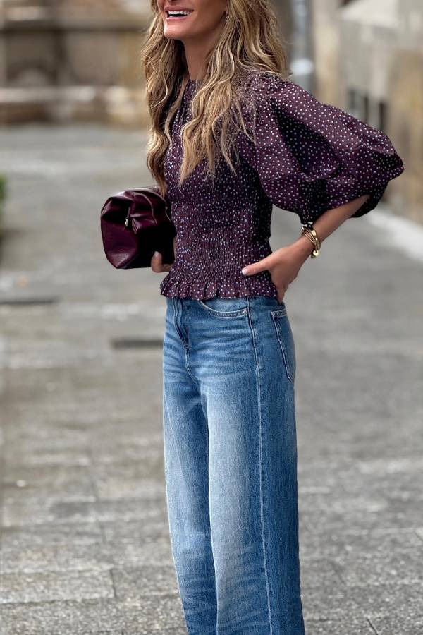 Burgundy Polka Dot Puff Sleeve Smocked Waist Cropped Blouse