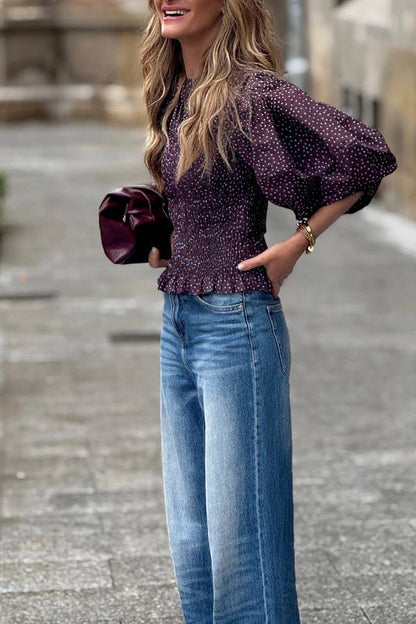 Burgundy Polka Dot Puff Sleeve Smocked Waist Cropped Blouse