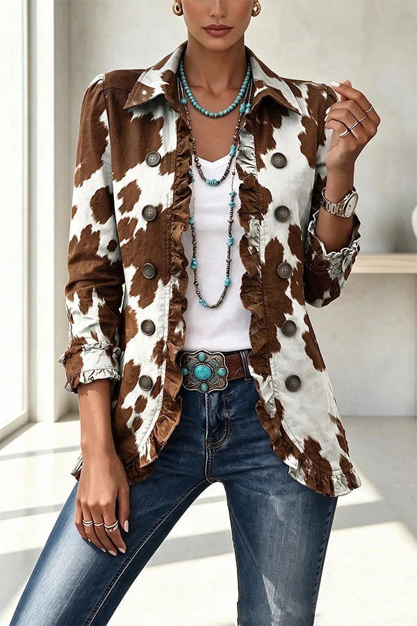 Stylish and Unique Printed Ruffle Trim Button-down Long Sleeve Jacket