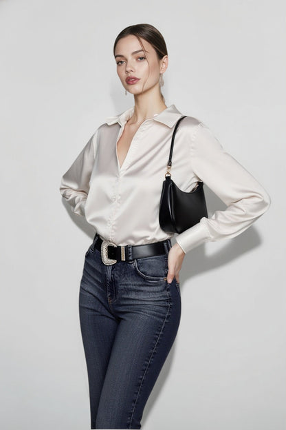 Lace Leather Panel Sheer Long Sleeve Chic Blouse