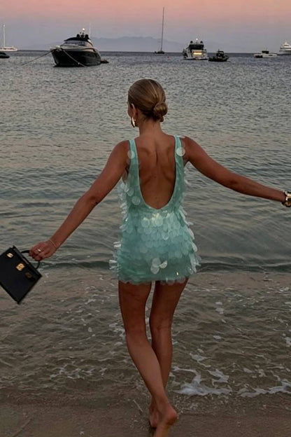 Shimmer and Glisten Sequin Boat Neck Sleeveless Open Back Mini Dress