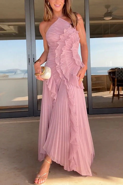 Dream Ode Lily Pad Style Pleats and Ruffles Halter Gown Maxi Dress