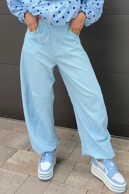Kadence Denim Side Metal Hollow Ring Detail Pocket Lantern Pants