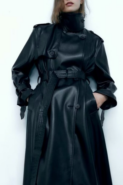 Belted Black Long Faux Leather Casual Versatile Overcoat