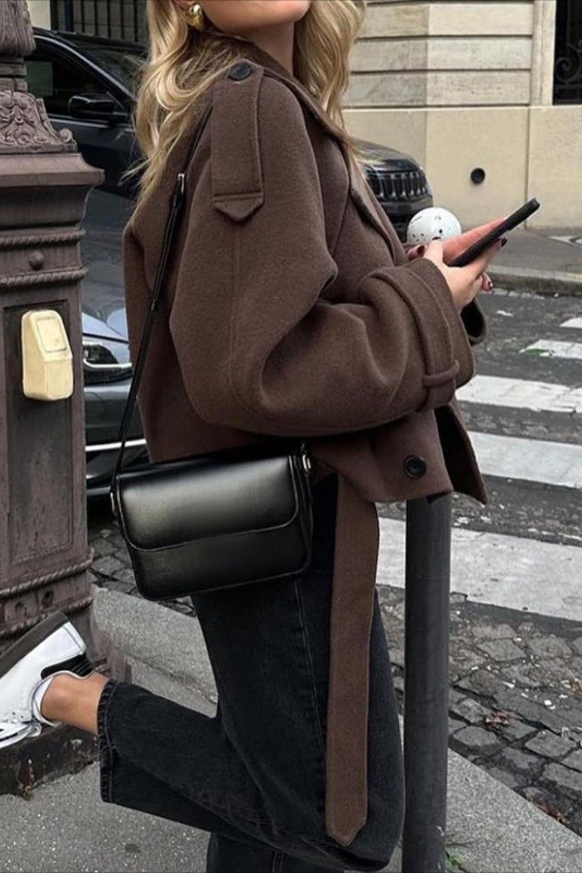 Wide Lapel Belted Cropped Wool Coat
