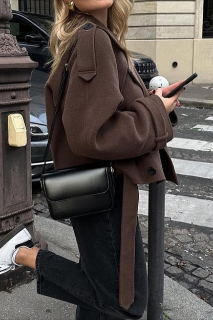 Wide Lapel Belted Cropped Wool Coat