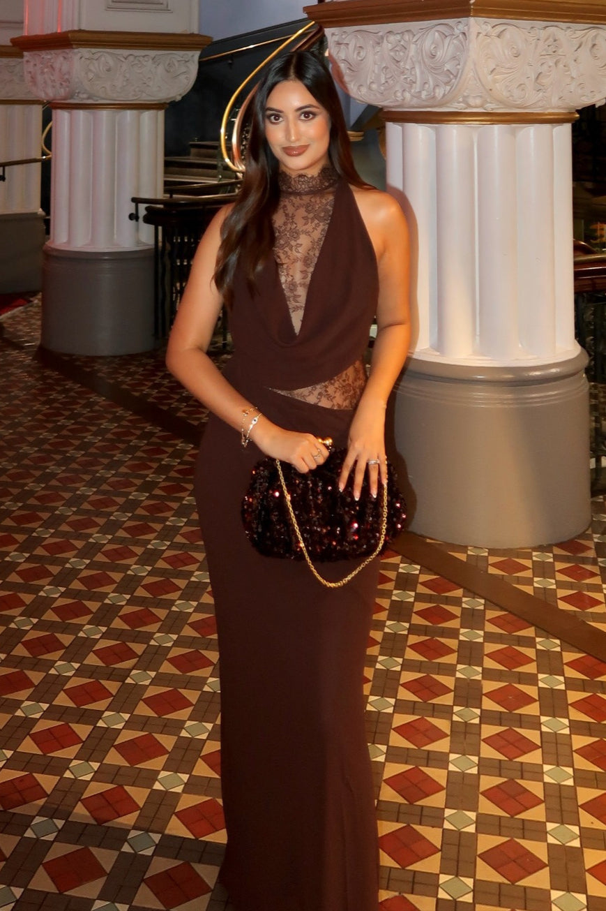 Halter Lace Cowl Bodycon Dress