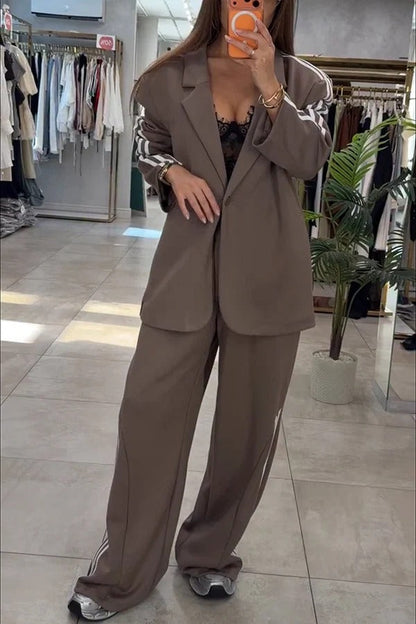 Fashionable Sporty Stripes Long Sleeve Oversized Blazer and Elastic Waist Pocket Jogger Set