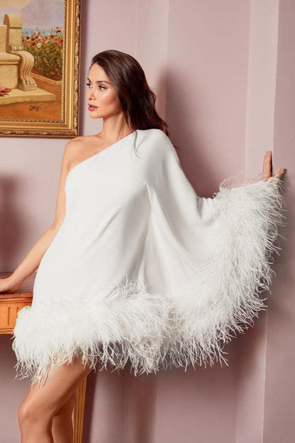 One Shoulder Feather Trim Cape Sleeve Mini Dress