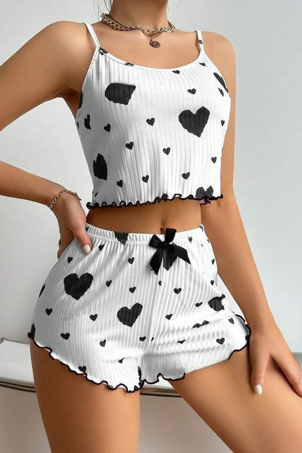 Heart Pattern Ribbed Cami Top Pajama Shorts Set