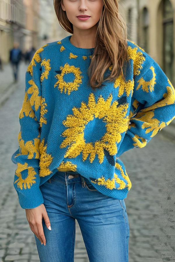 Sunflower Jacquard Crewneck Long Sleeve Knit Pullover Sweater