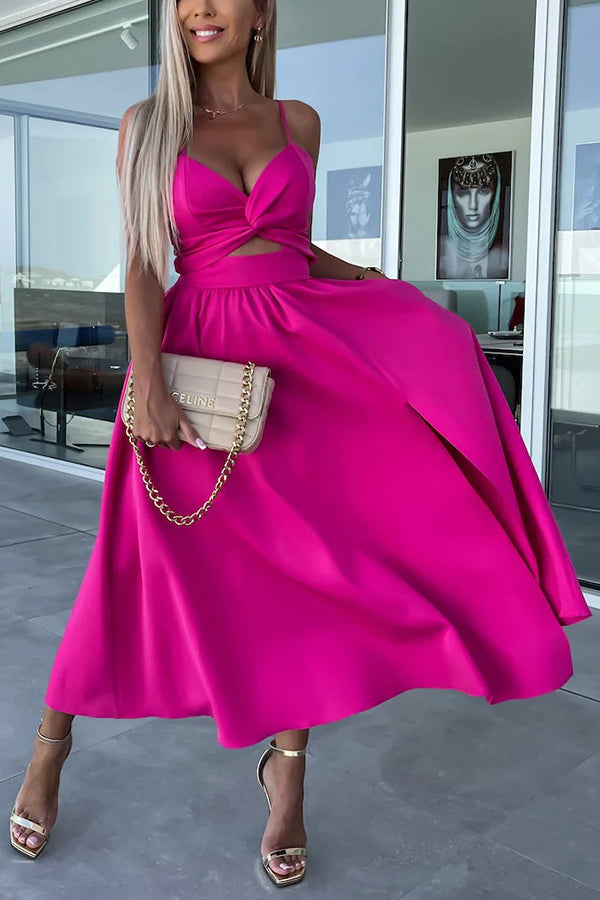 Twist Front Cutout Spaghetti Strap Pocket Side Slit A-Line Midi Dress