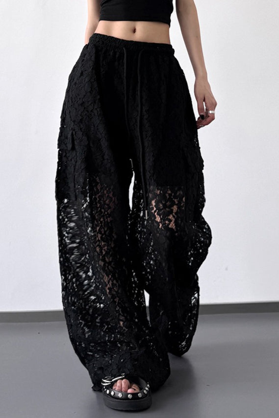 White Lace Cutout Casual Wide Leg Pants