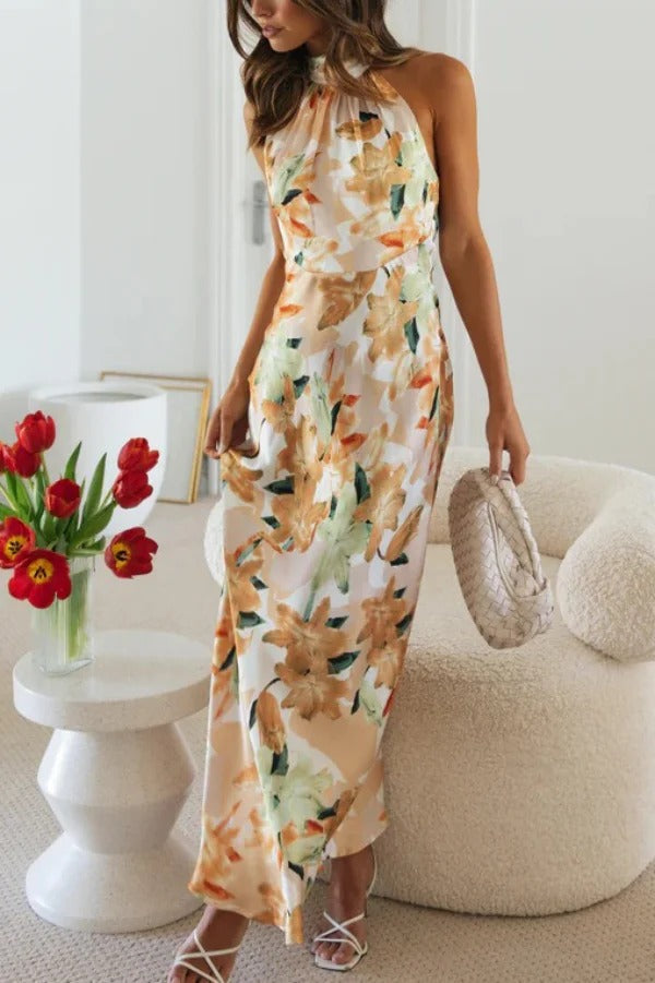 Floral Print Sleeveless Halter Neck Tie Holiday Maxi Dress