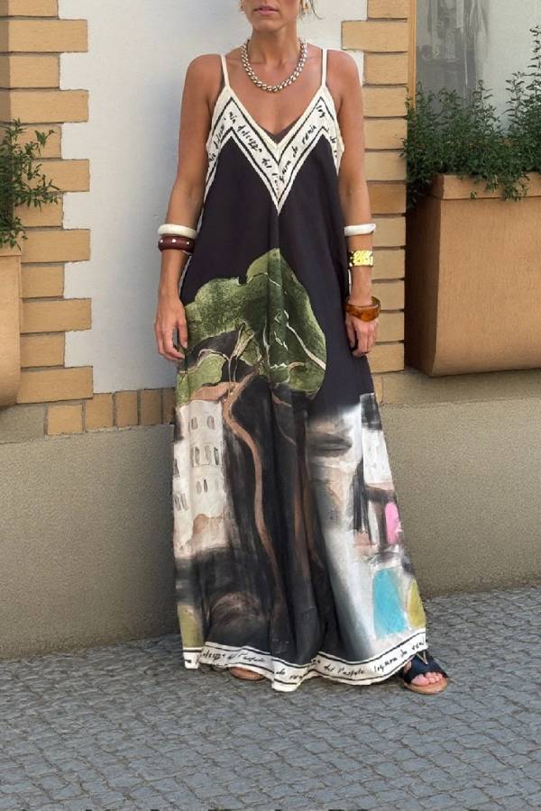 Unique Ink Flower Print Suspender Maxi Dress