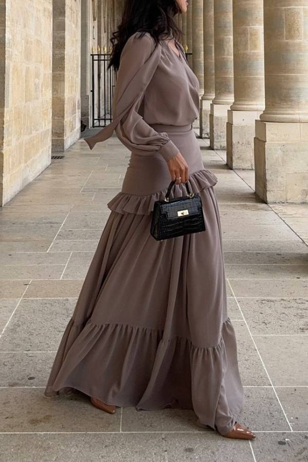 V-neck Lantern Sleeve High-Waisted Tiered Ruffle Maxi Dress