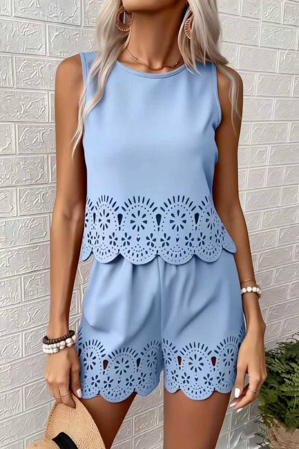 Multi-Color Cutwork Lace Trim Sleeveless Top & Shorts Set