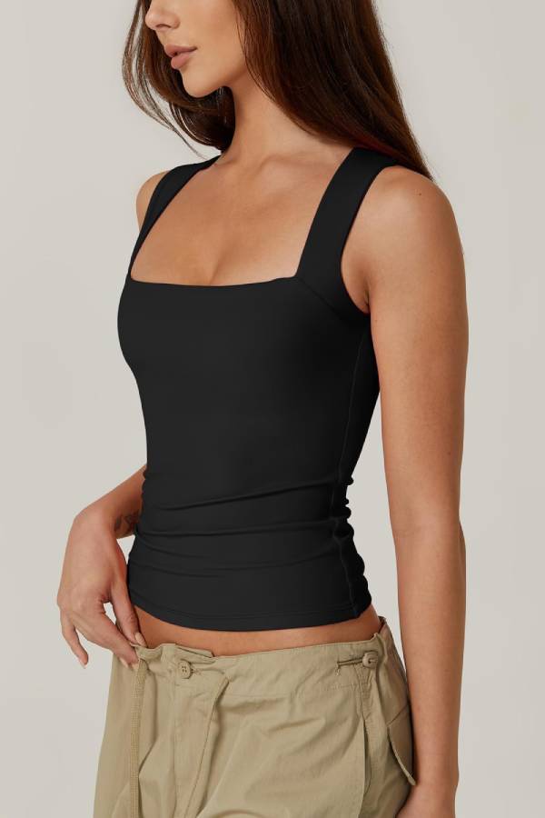 Black Square Neck Slim Fit Vest