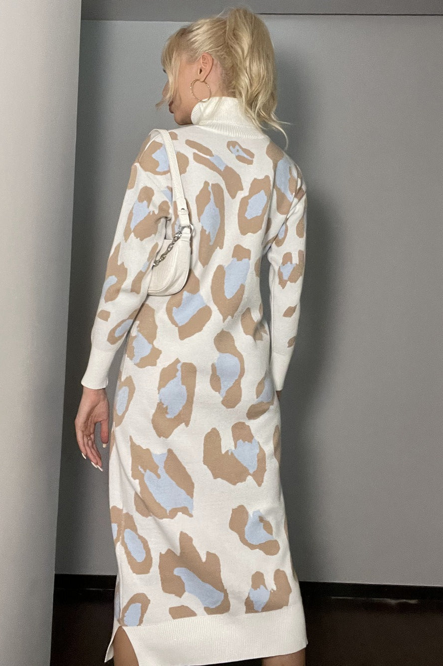 Leopard Print Turtleneck Sweater Dress