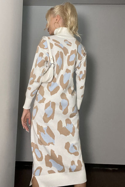 Leopard Print Turtleneck Sweater Dress