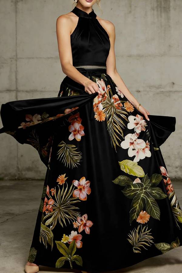 New Chinese Halter Frog Button Tropical Floral Maxi Evening Dress