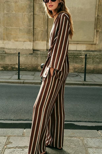 Terez Striped Long Sleeve Wrap Tie-up Jacket and Elastic Waist Pocket Wide Leg Pants Set