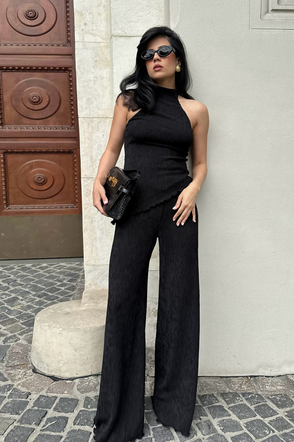 Green Halter Neck Top Pleated Wide Leg Pants Set