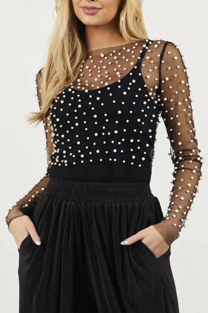 Pearl-Embellished Mesh Long-Sleeved Top