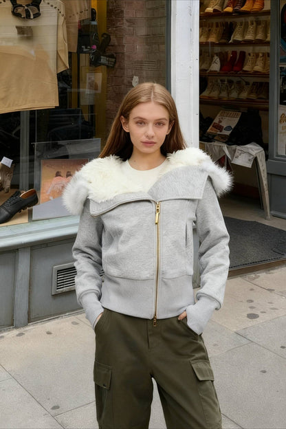Fleece-Lined Hooded Fur-Collar Zip Short Jacket