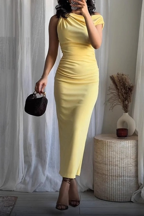 Asymmetrical Shoulder Ruched Sleeveless Bodycon Formal Dress