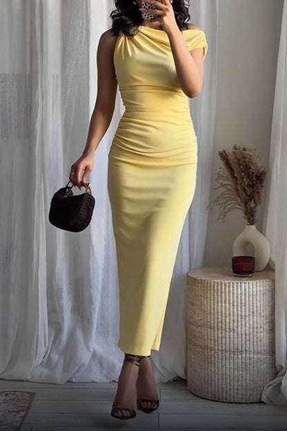 Asymmetrical Shoulder Ruched Sleeveless Bodycon Formal Dress