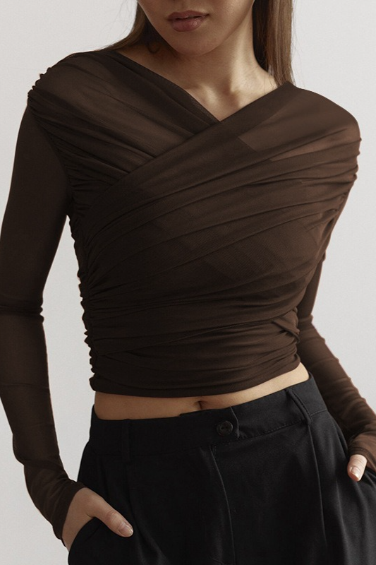 Solid Mesh Ruched Long Sleeve Crop Top
