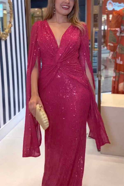Deep V-Neck Twist Waist Sequin Cape Sleeve Column Maxi Gown