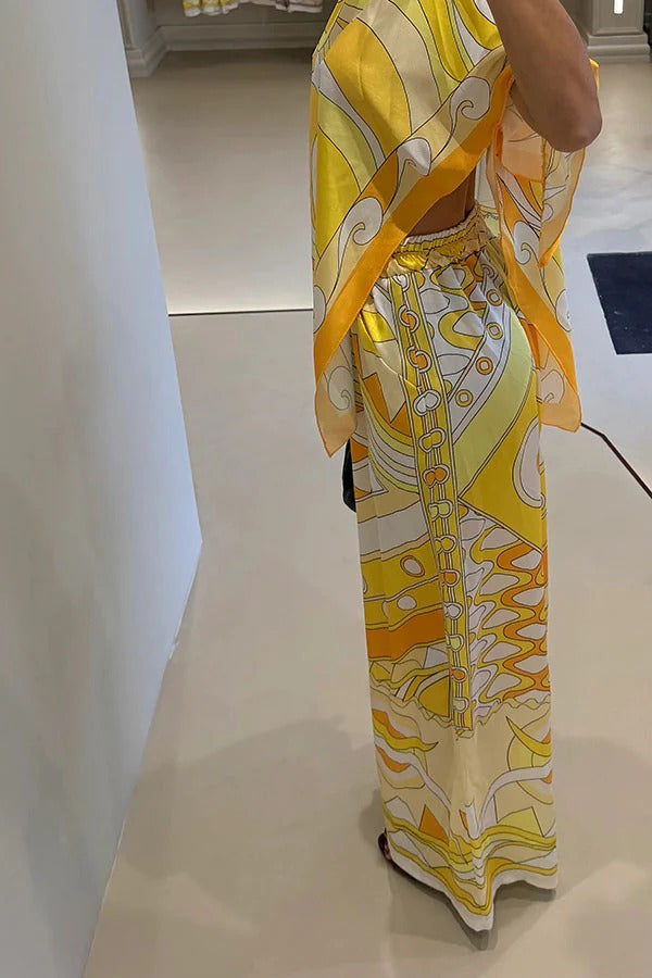 Luxe Resort Satin Unique Print Cape-style Top and Elastic Waist Pocket Wide Leg Pants Set