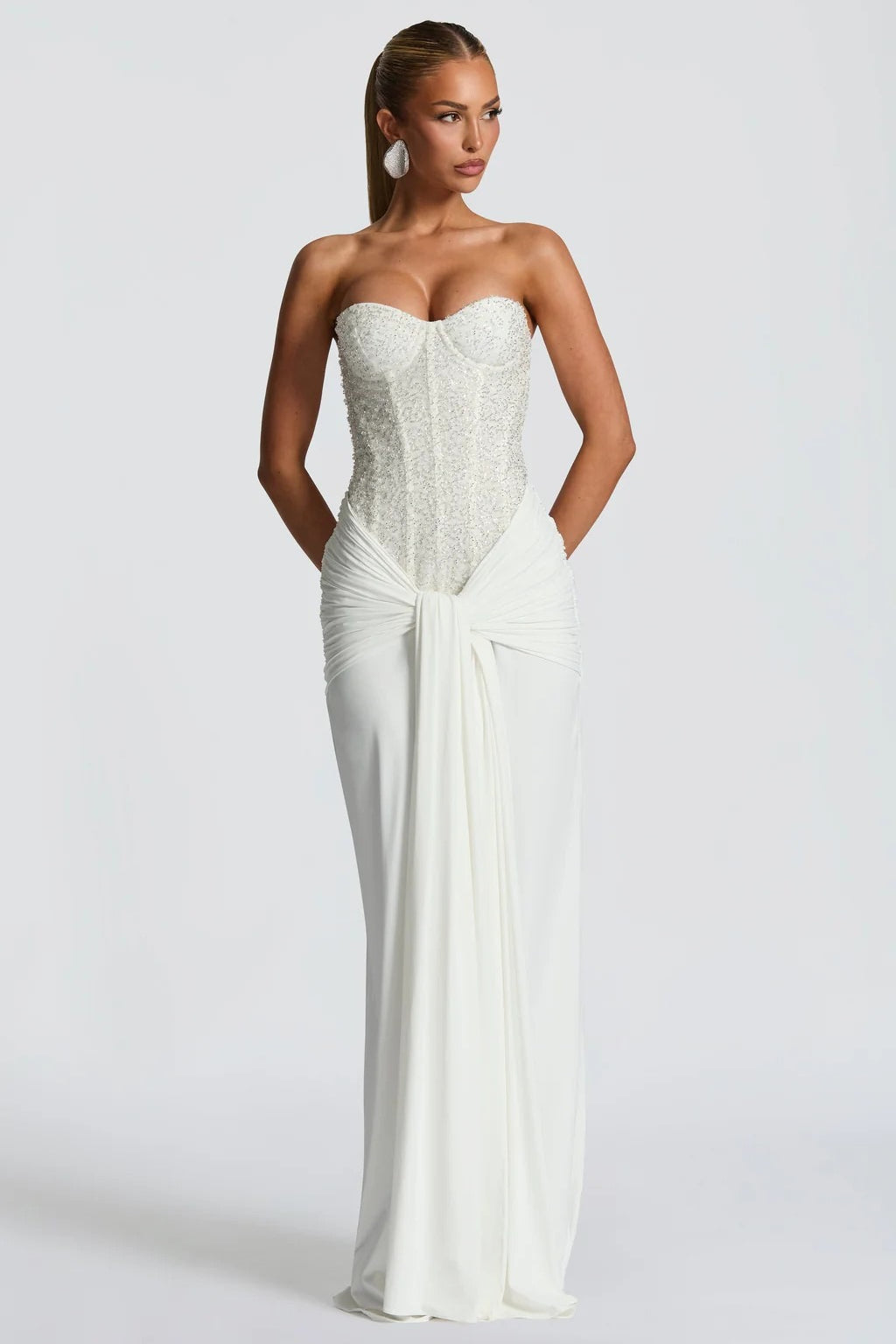 Ribbon Strapless Corset Maxi Evening Prom Dress