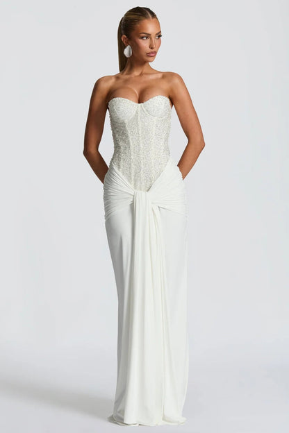 Ribbon Strapless Corset Maxi Evening Prom Dress