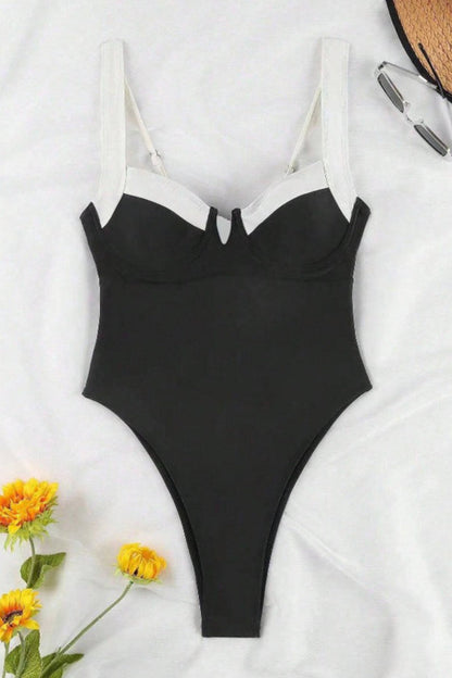 Retro Colorblock Halter Backless One Piece Swimwear
