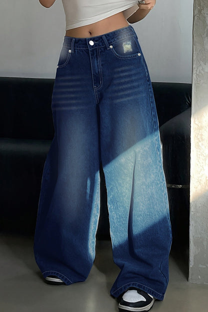Long Wide Leg Washed Blue Ripped Relaxed Jeans