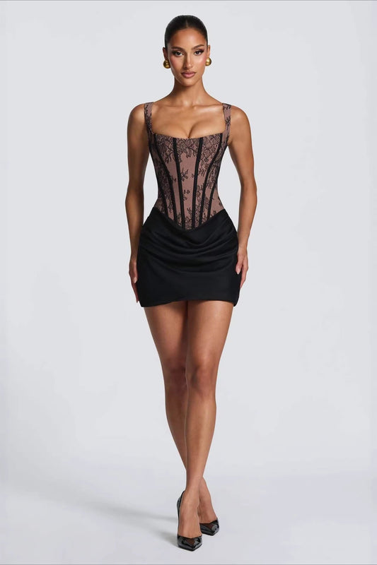 Lace Cami Drape Waist Tie Bodycon Mini Lace Dress