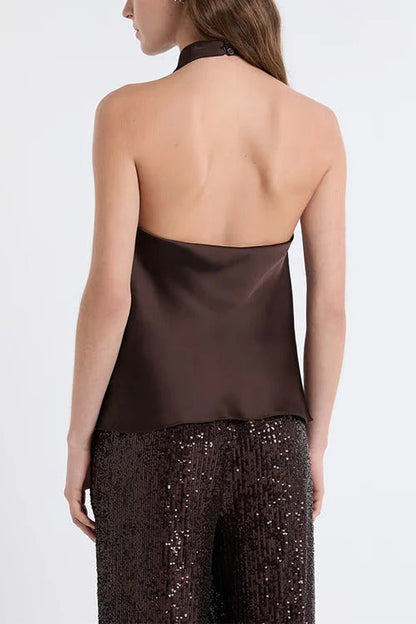 Chic Halter Cowl Neck Sleeveless Satin Top