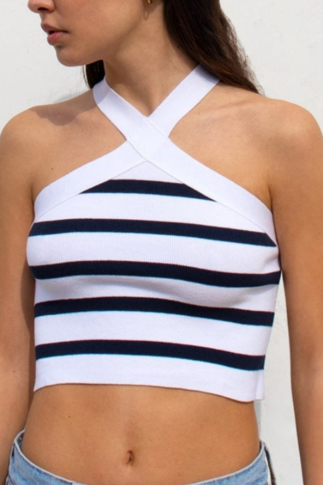 Striped Cross Front Halter Knit Top