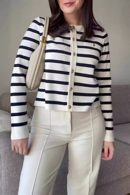 Striped Knit Cardigan with Metal Buttons