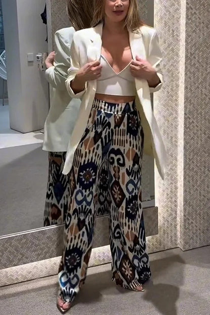 Emelia Unique Print Back Elastic Waist Pocket Wide Leg Pants