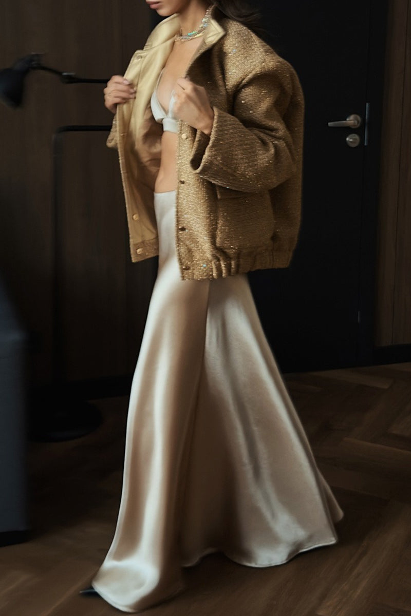 Metallic Sequined Stand Collar Coat